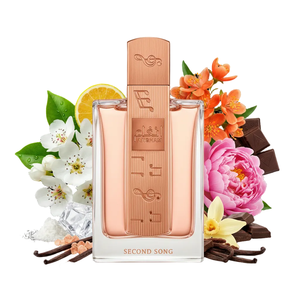 Składniki perfum Lattafa Angham Second Song: kwiat pomarańczy, wanilia, czekoladka i kwiat gruszy – luksusowa odlewka perfum damskich w typie Devotion Intense.