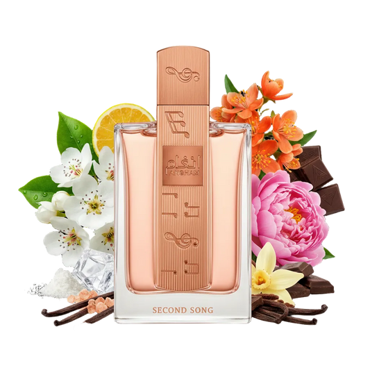 Składniki perfum Lattafa Angham Second Song: kwiat pomarańczy, wanilia, czekoladka i kwiat gruszy – luksusowa odlewka perfum damskich w typie Devotion Intense.