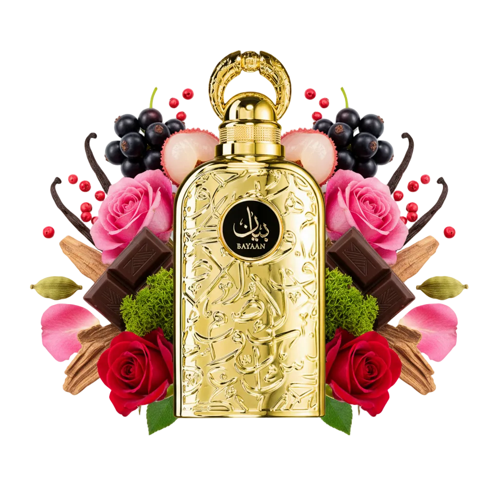 Składniki perfum Lattafa Bayaan: czekoladka, oud, czarna porzeczka i róża – trwała, słodka odlewka zapachu w typie Ombre Nomade.