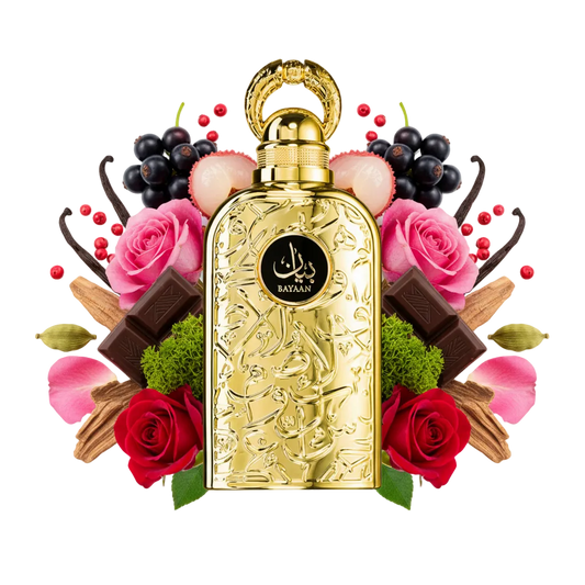 Składniki perfum Lattafa Bayaan: czekoladka, oud, czarna porzeczka i róża – trwała, słodka odlewka zapachu w typie Ombre Nomade.