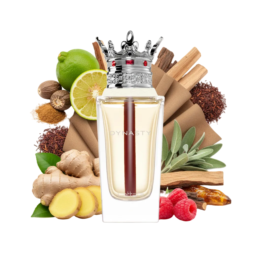 Składniki perfum Lattafa Dynasty: herbata rooibos, zamsz, imbir i drewno kaszmirowe – luksusowa odlewka zapachu w typie Clive Christian L Red Tea Vetiver.