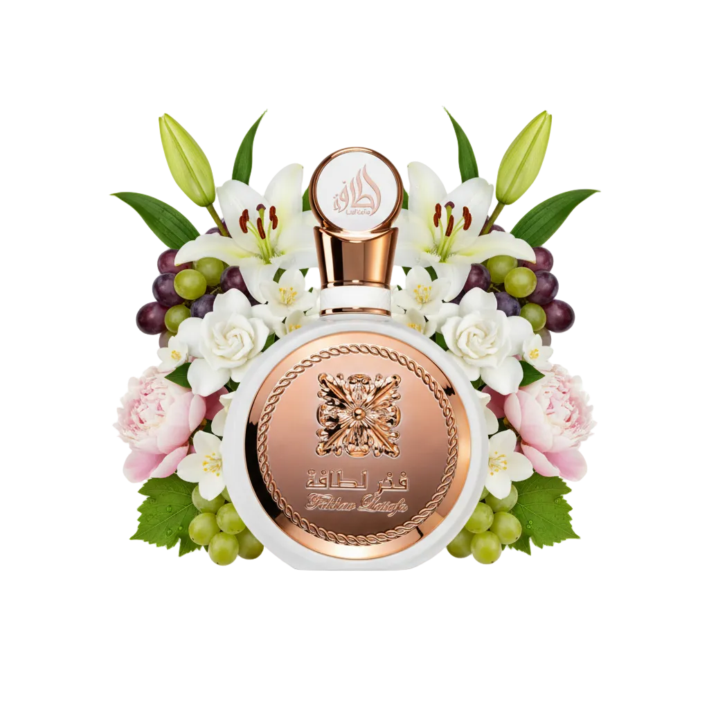 Składniki perfum Lattafa Fakhar: dużo winogron, tuberoza, jaśmin i granat – kwiatowa odlewka zapachu w typie Givenchy L'Interdit.