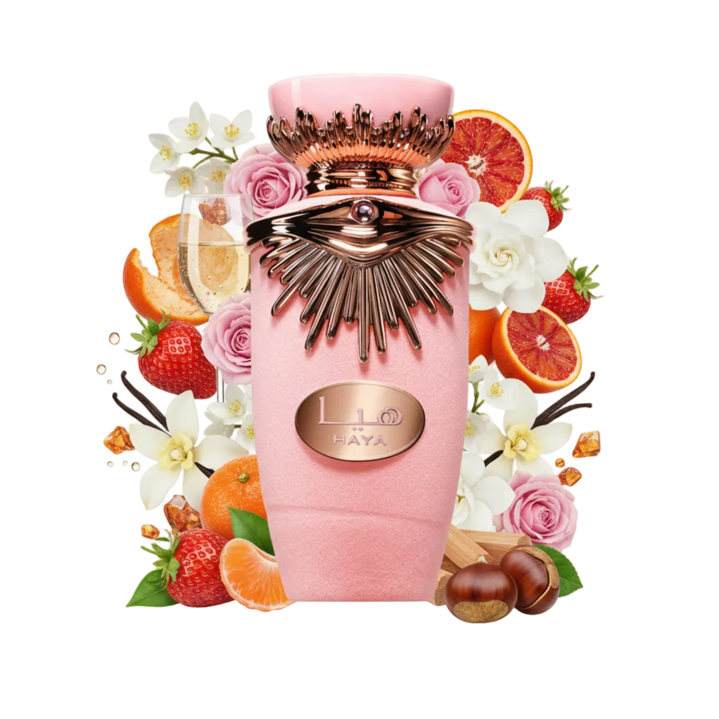 Składniki perfum Lattafa Haya: truskawka, wino musujące, czerwona pomarańcza i gardenia – słodka, radosna odlewka perfum arabskich.