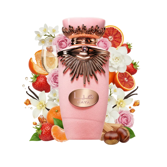 Składniki perfum Lattafa Haya: truskawka, wino musujące, czerwona pomarańcza i gardenia – słodka, radosna odlewka perfum arabskich.
