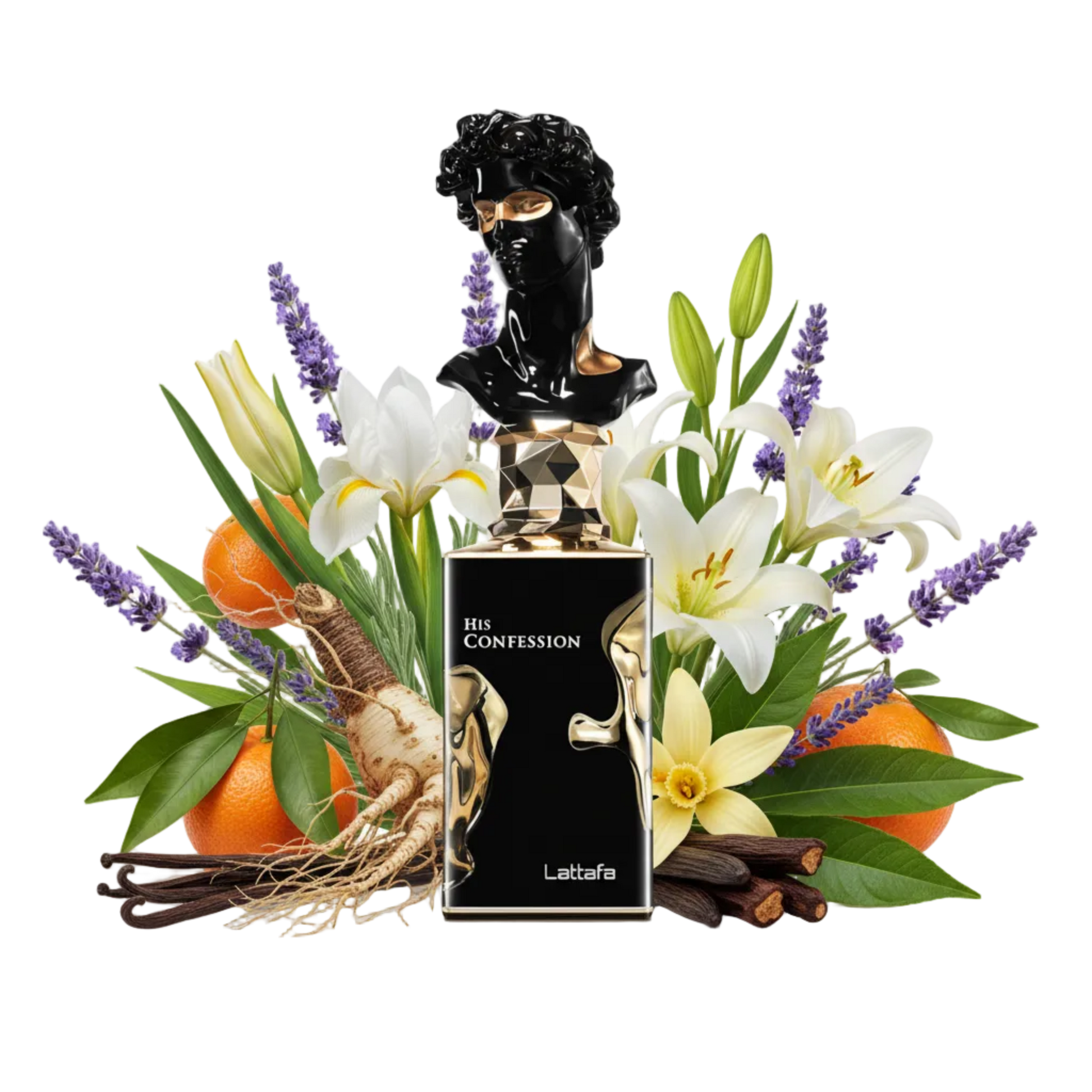 Składniki perfum Lattafa His Confession: irys, cynamon, lawenda i wanilia – trwała elegancka odlewka w typie Gentleman Reserve Privée.