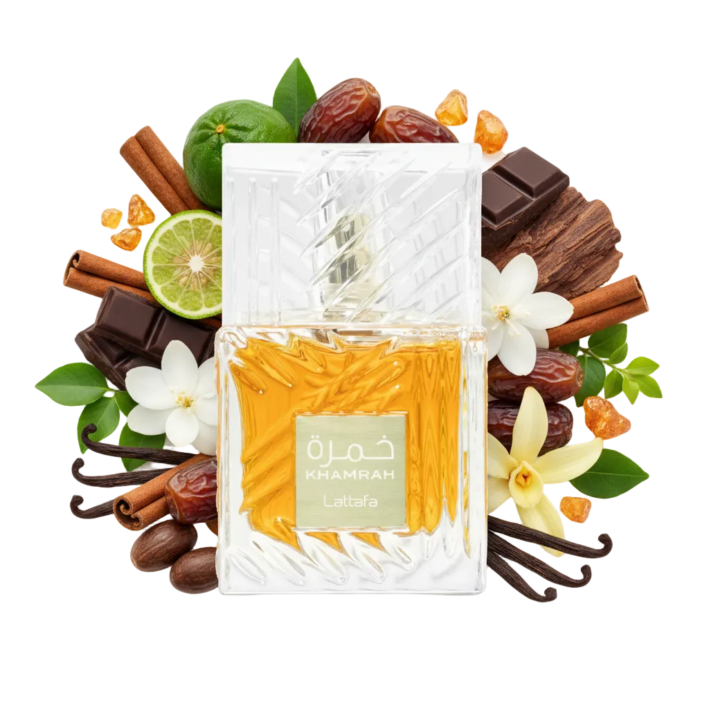 Lattafa Khamrah 100 ml — flakon perfum z wizualizacją nut zapachowych