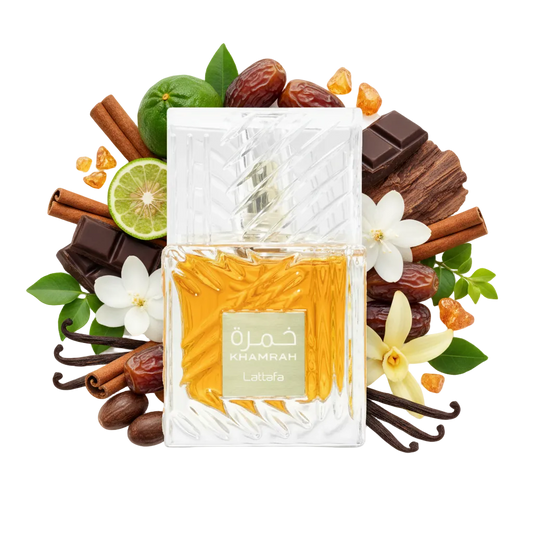 Lattafa Khamrah 100 ml — flakon perfum z wizualizacją nut zapachowych