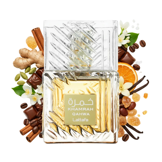 Lattafa Khamrah Qahwa 100 ml — flakon perfum z wizualizacją nut kawy i przypraw