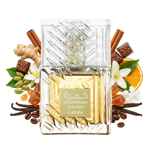 Lattafa Khamrah Qahwa  — flakon perfum z wizualizacją nut kawy i przypraw - odlewki perfum