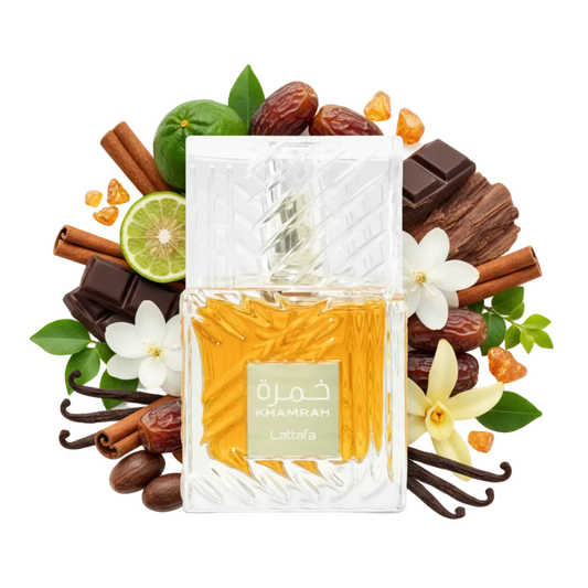 Lattafa Khamrah — flakon perfum z wizualizacją nut zapachowych