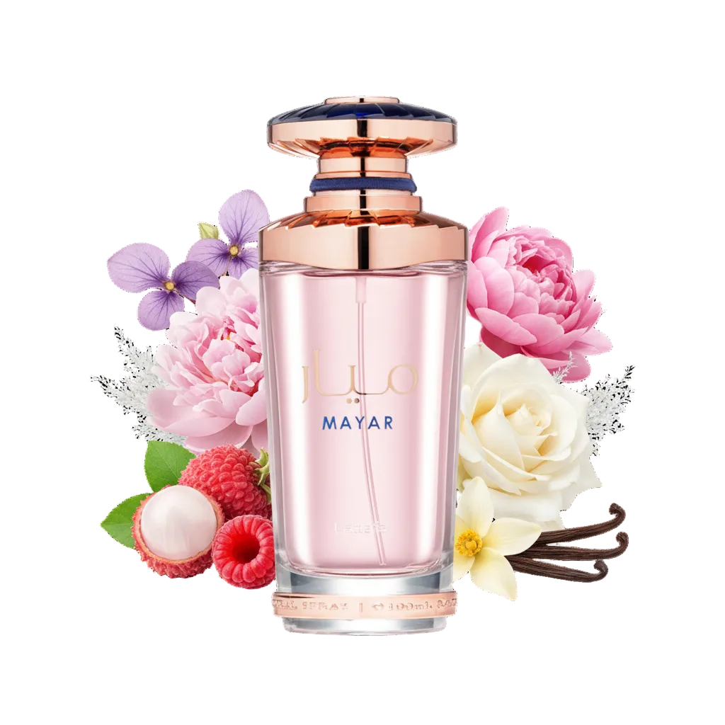 Składniki perfum Lattafa Mayar: liczi, malina, biała róża i wanilia – owocowa odlewka zapachu w typie Angel Nova