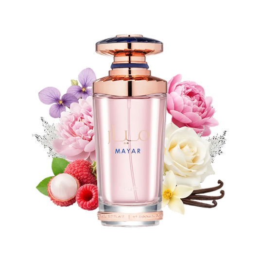 Składniki perfum Lattafa Mayar: liczi, malina, biała róża i wanilia – owocowa odlewka zapachu w typie Angel Nova