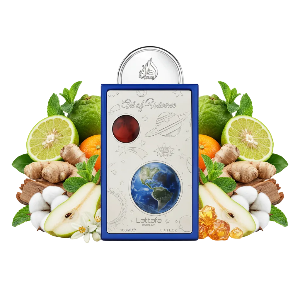Składniki perfum Lattafa Pride Art Of Universe: bergamotka, mięta, gruszka i bursztyn – świeża odlewka zapachu w typie Blue Talisman.