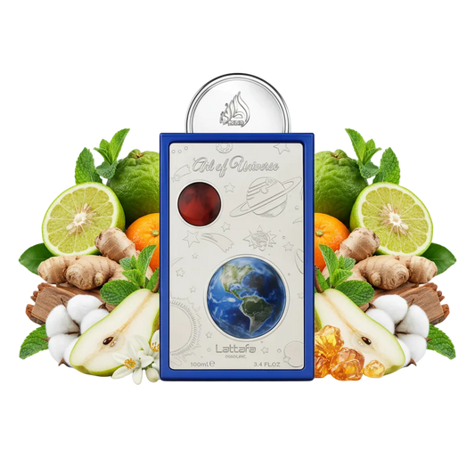 Składniki perfum Lattafa Pride Art Of Universe: bergamotka, mięta, gruszka i bursztyn – świeża odlewka zapachu w typie Blue Talisman.
