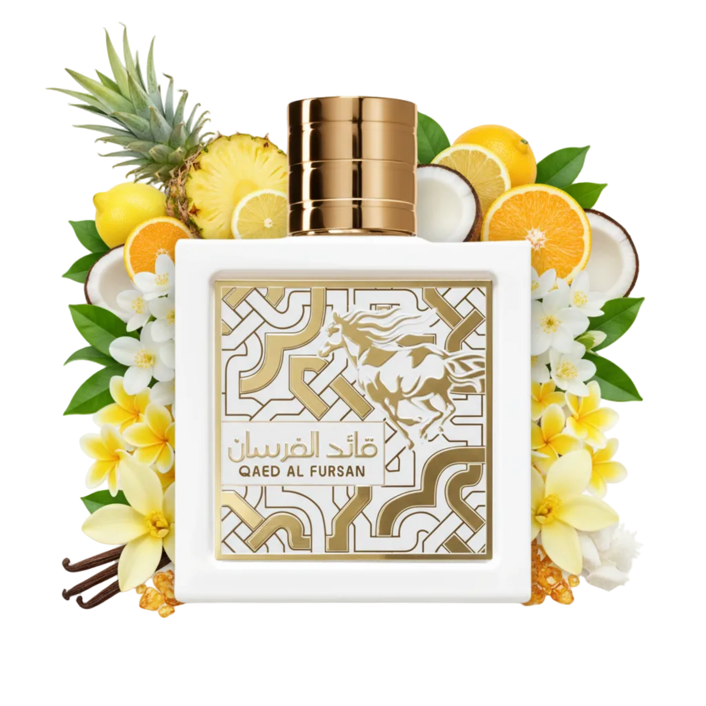 Składniki perfum Lattafa Qaed Al Fursan Unlimited: kokos, ananas, cytrusy i plumeria – kremowa odlewka perfum arabskich.
