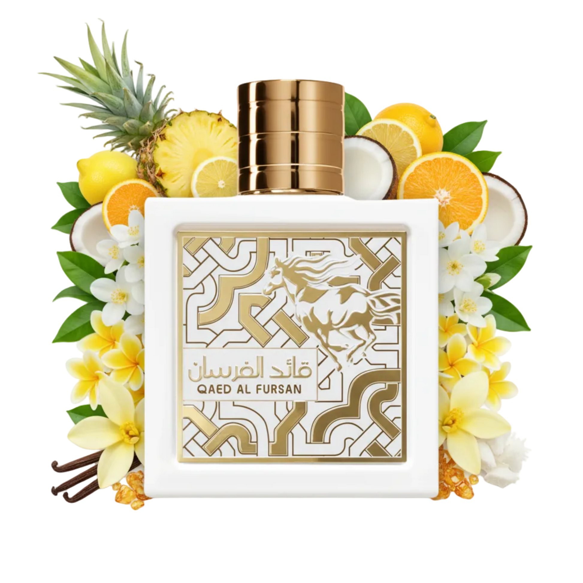 Składniki perfum Lattafa Qaed Al Fursan Unlimited: kokos, ananas, cytrusy i plumeria – kremowa odlewka perfum arabskich.