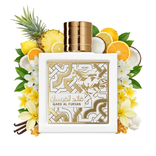 Składniki perfum Lattafa Qaed Al Fursan Unlimited: kokos, ananas, cytrusy i plumeria – kremowa odlewka perfum arabskich.
