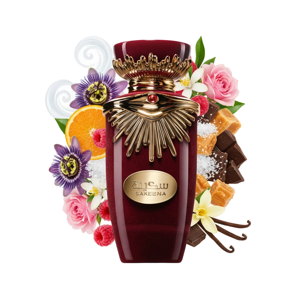 Składniki perfum Lattafa Sakeena: toffee, sól morska, malina i passiflora – trwała i unikalna odlewka perfum arabskich.