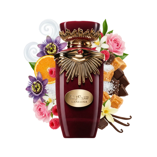 Składniki perfum Lattafa Sakeena: toffee, sól morska, malina i passiflora – trwała i unikalna odlewka perfum arabskich.