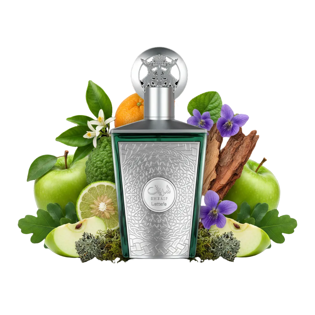 Składniki perfum Lattafa Sherif: jabłko, petit grain, cedr i mech dębowy – luksusowa odlewka perfum unisex w typie Greenley