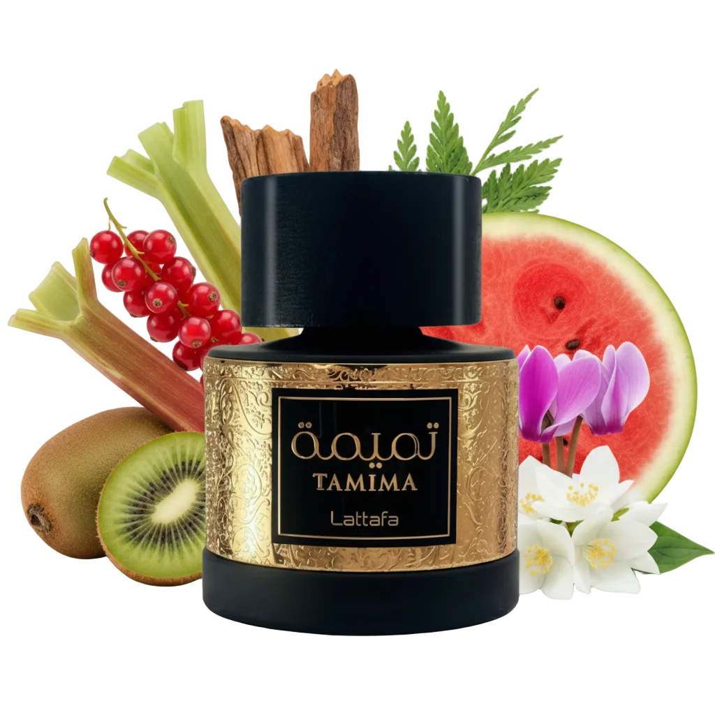Składniki perfum Lattafa Tamima: arbuz, kiwi, rabarbar i różowy pieprz – soczysta odlewka perfum damskich w typie L'Imperatrice 3.