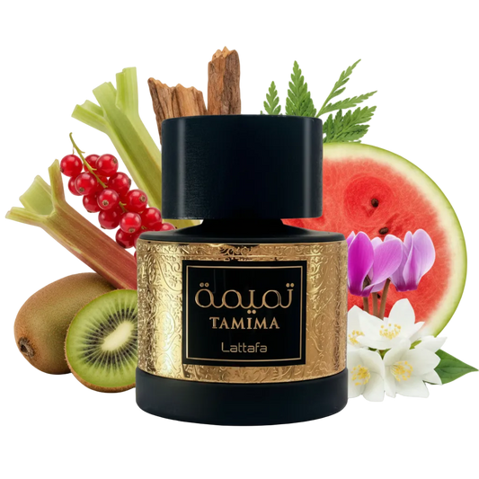 Składniki perfum Lattafa Tamima: arbuz, kiwi, rabarbar i różowy pieprz – soczysta odlewka perfum damskich w typie L'Imperatrice 3.