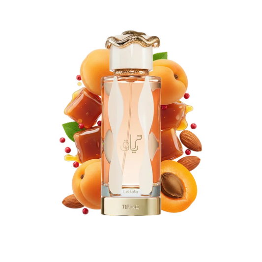 Składniki perfum Lattafa Teriaq: karmel, miodowy rabarbar i skóra – trwała orientalno-gourmand odlewka perfum.