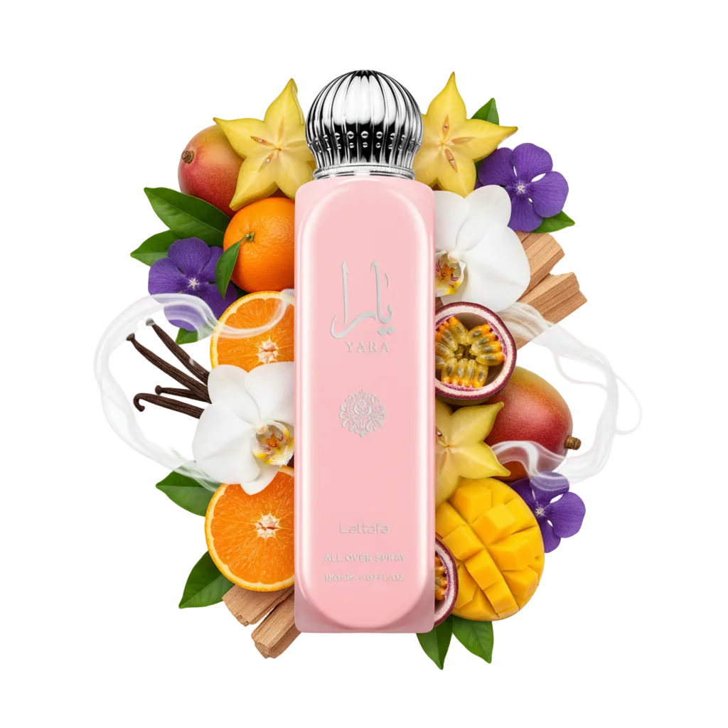 Składniki perfum Lattafa Yara Body Spray: wanilia, owoce tropikalne, orchidea i piżmo – kremowa odlewka popularnego zapachu.