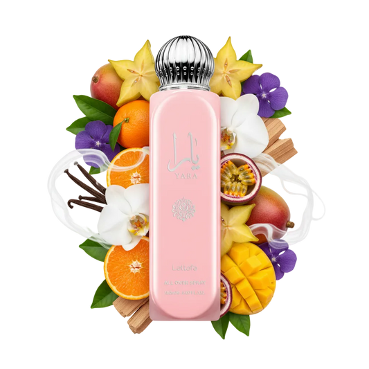 Składniki perfum Lattafa Yara Body Spray: wanilia, owoce tropikalne, orchidea i piżmo – kremowa odlewka popularnego zapachu.