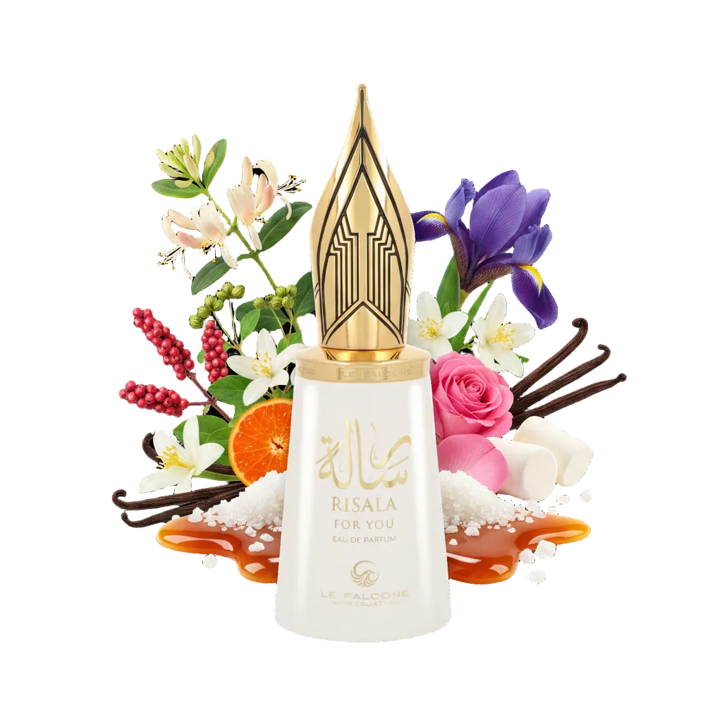 Składniki perfum Le Falcone Risala For You: pianka marshmallow, karmel, wanilia i kwiat pomarańczy – luksusowa odlewka w typie Kilian Love Don't Be Shy.