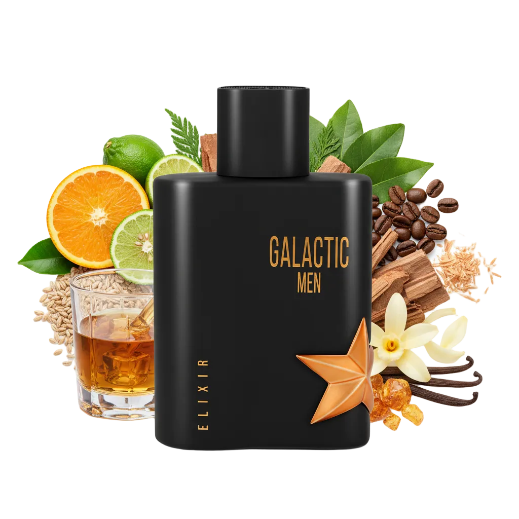 Składniki perfum Maison Alhambra Galactic Men Elixir: whisky, słód, kawa i torf – trwała męska odlewka w typie Pure Malt.