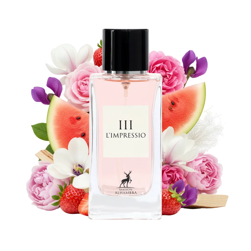 Składniki perfum Maison Alhambra III L'Impressio: soczysty arbuz, słodka truskawka i płatki róży damasceńskiej, tworzące zmysłową kompozycję odlewki perfum.