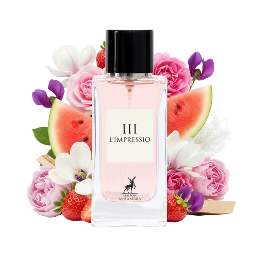 Składniki perfum Maison Alhambra III L'Impressio: soczysty arbuz, słodka truskawka i płatki róży damasceńskiej, tworzące zmysłową kompozycję odlewki perfum.