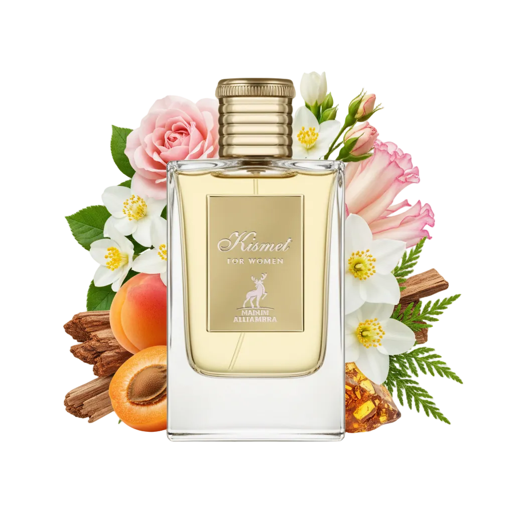 Składniki perfum Maison Alhambra Kismet for Women: morela, róża majowa, tuberoza i bursztyn – zmysłowa odlewka zapachu w typie Good Girl Gone Bad
