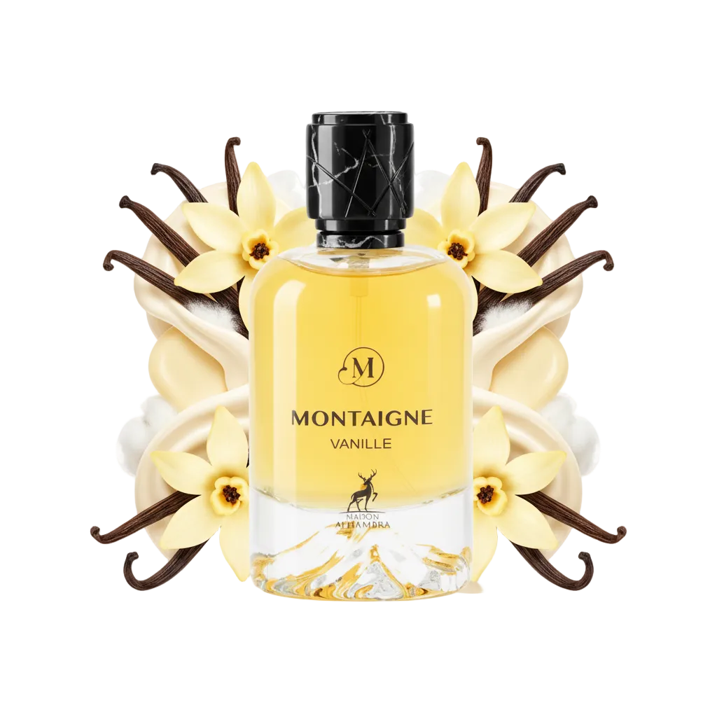 Składniki perfum Maison Alhambra Montaigne Vanille: wanilia i nuty kremowe – trwała, słodka odlewka w typie Roses Vanille.