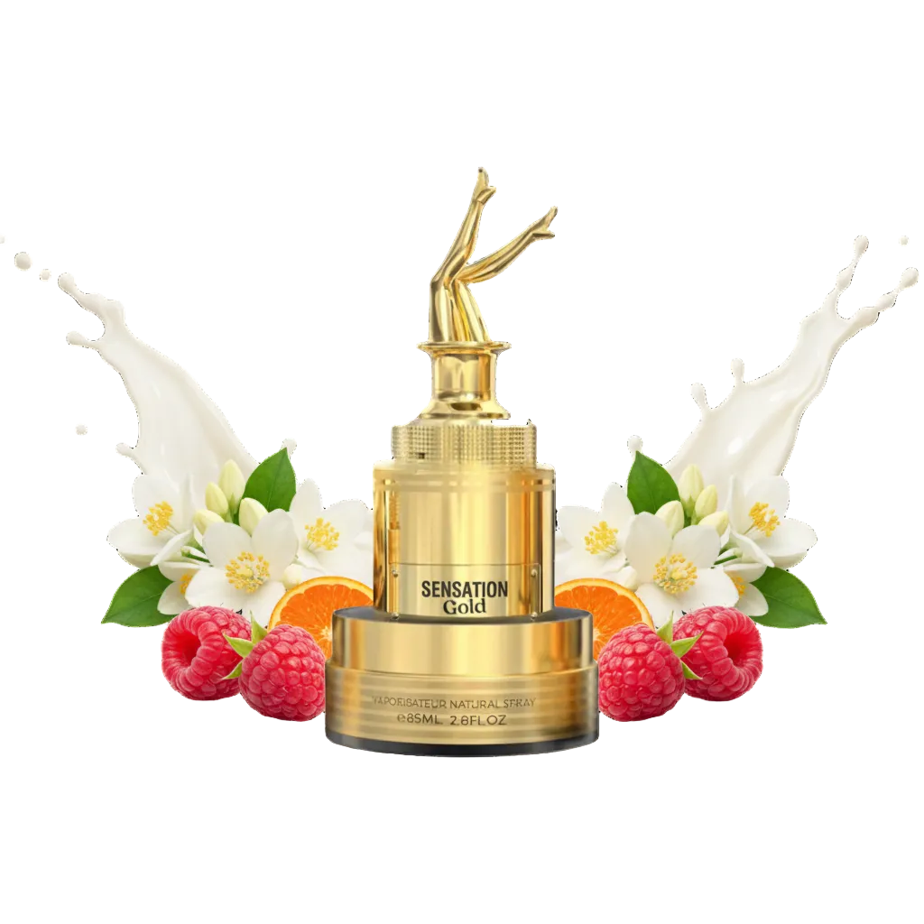 Składniki perfum Milestone Sensation Gold: soczysta malina, kremowa tuberoza i ciepłe mleko, tworzące trwałą kompozycję złocistej odlewki