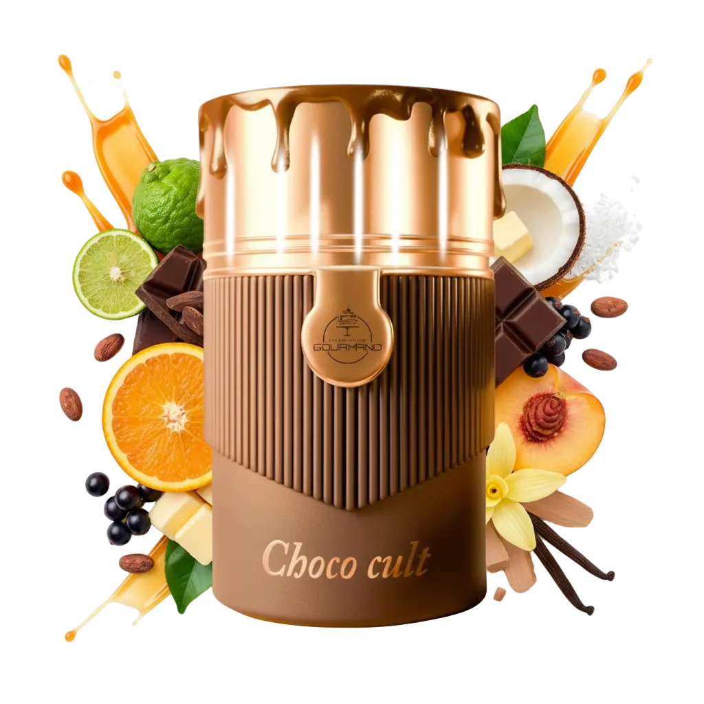 Składniki perfum Choco Cult od Ministry of Gourmand: ziarna kakao, kostki ciemnej czekolady, orzechy laskowe i laska wanilii w dymnym otoczeniu