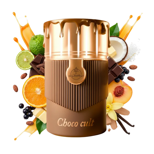 Składniki perfum Choco Cult od Ministry of Gourmand: ziarna kakao, kostki ciemnej czekolady, orzechy laskowe i laska wanilii w dymnym otoczeniu