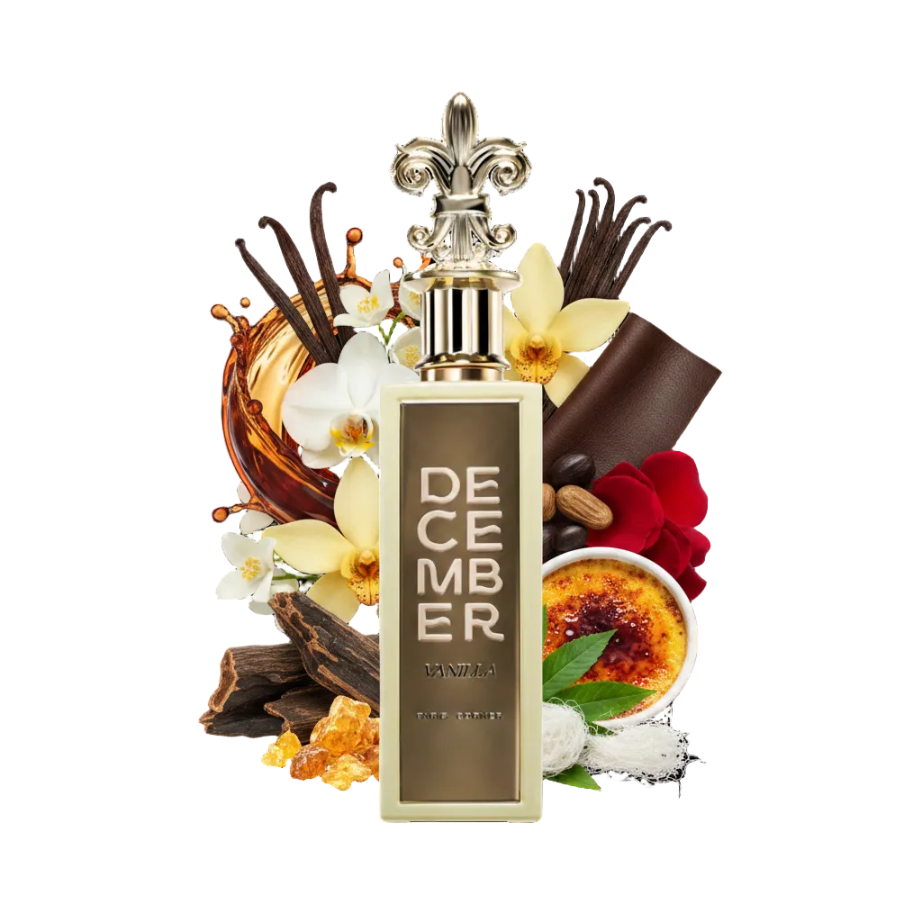 Składniki perfum Paris Corner December Vanilla: rum, wanilia, crème brûlée, skóra i oud – luksusowa, bogata odlewka perfum unisex.