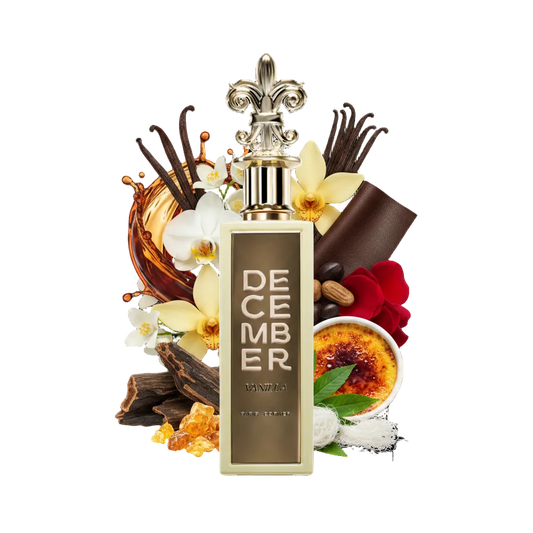 Składniki perfum Paris Corner December Vanilla: rum, wanilia, crème brûlée, skóra i oud – luksusowa, bogata odlewka perfum unisex.