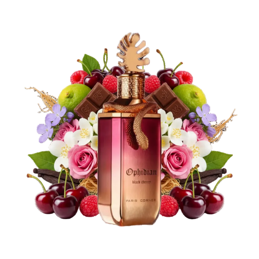 Składniki perfum Paris Corner Ophidian Black Cherry: czarna wiśnia, pralina, palo santo i drzewo gwajakowe – trwała odlewka zapachu w typie Cherry Smoke