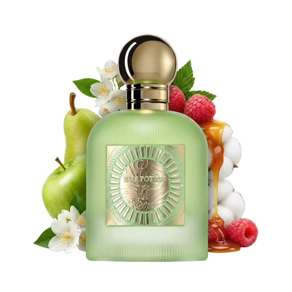 Składniki perfum Paris Corner Pear Potion: soczysta gruszka, słodki karmel, jabłko i malina – luksusowa, owocowa odlewka perfum.