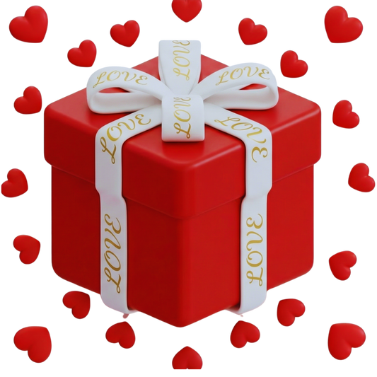 Eleganckie czerwone pudełko prezentowe z białymi wstążkami na białym tle ozdobionym symetrycznymi czerwonymi sercami. Stylowy box przygotowany na zestaw odlewek perfum dla zakochanych