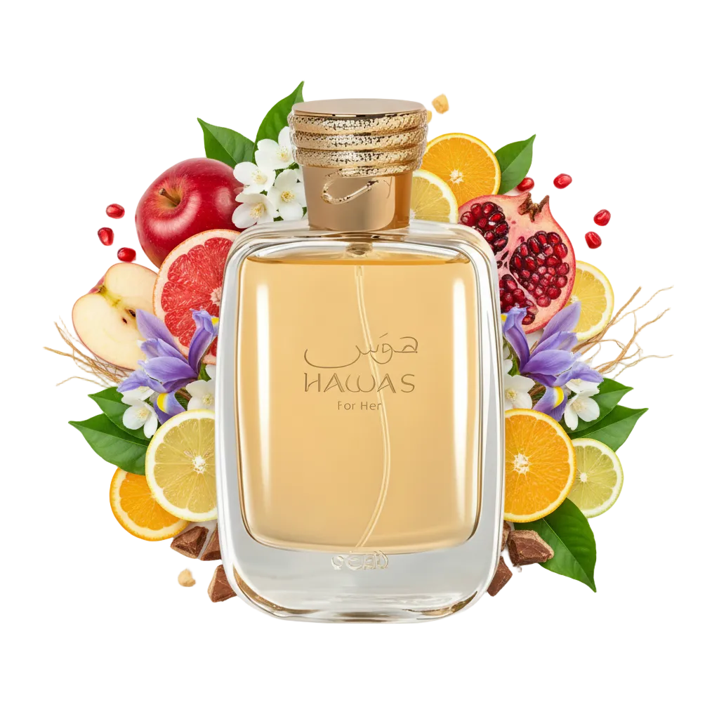 Składniki perfum Rasasi Hawas for Her: jabłko, irys, jaśmin sambac oraz pralina – trwała odlewka perfum