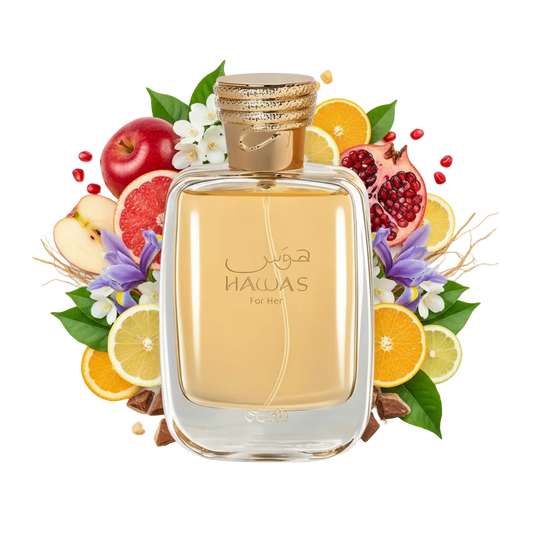 Składniki perfum Rasasi Hawas for Her: jabłko, irys, jaśmin sambac oraz pralina – trwała odlewka perfum