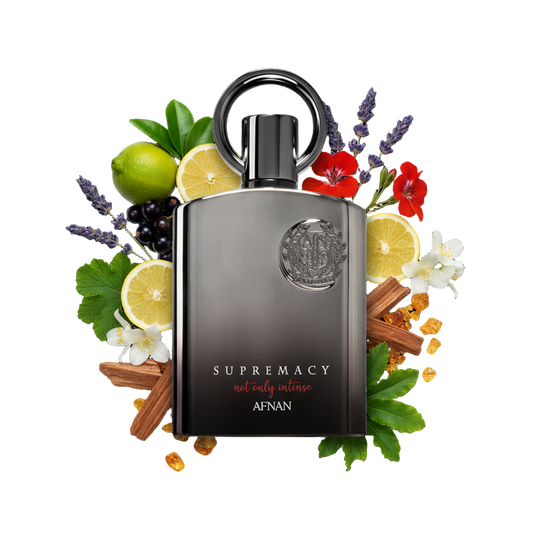 Supremacy Not Only Intense 100 ml — flakon perfum z wizualizacją nut bergamotki, lawendy i cedru