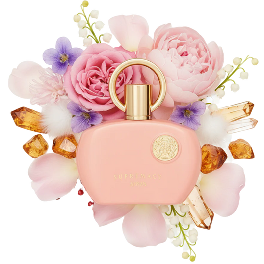 Afnan Supremacy Pink 100 ml — flakon perfum z wizualizacją nut owocowych i kwiatowych z nutami wanilii