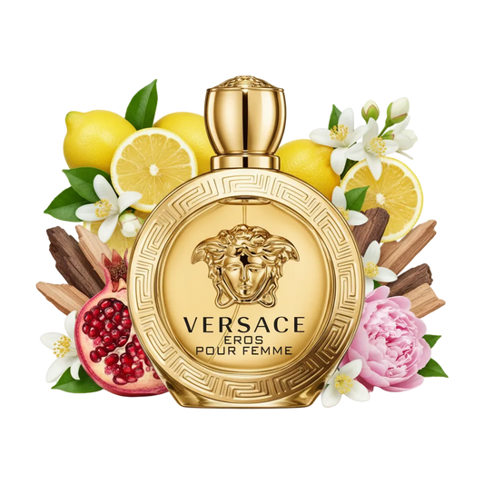kładniki perfum Versace Eros Pour Femme: soczysta sycylijska cytryna, białe kwiaty jaśminu oraz owoce granatu, prezentowane jako luksusowa odlewka perfum